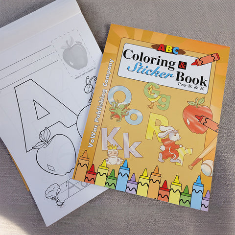 ABC Coloring & Sticker Book (PK-CB) for early literacy, phonics curriculum, and multi-sensory learning by Vowac Publishing.